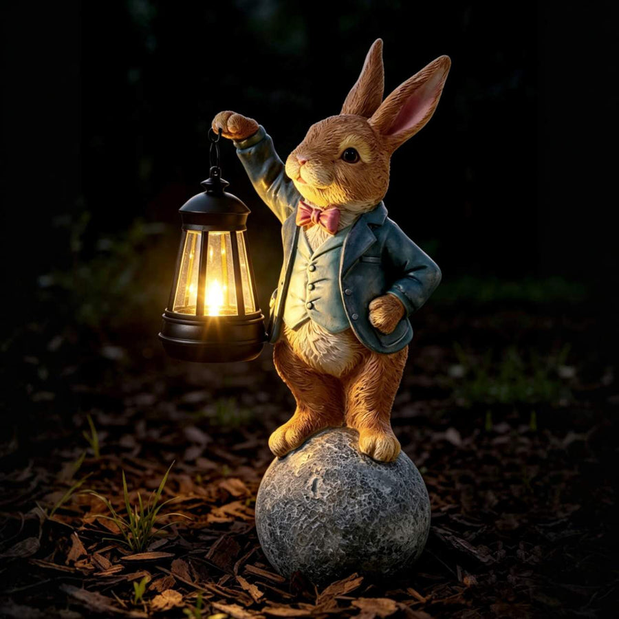 The Lantern Keeper Rabbit — a rabbit garden ornament in a blue coat holding a lit lantern after dusk