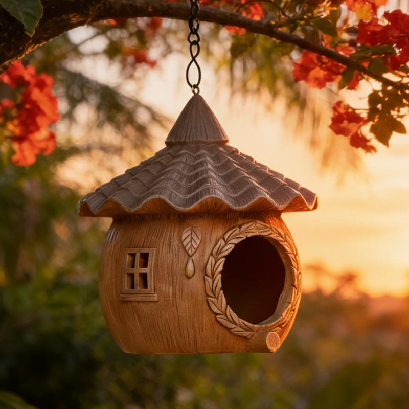 The Little Cottage Birdhouse hanging from a branch at sunset