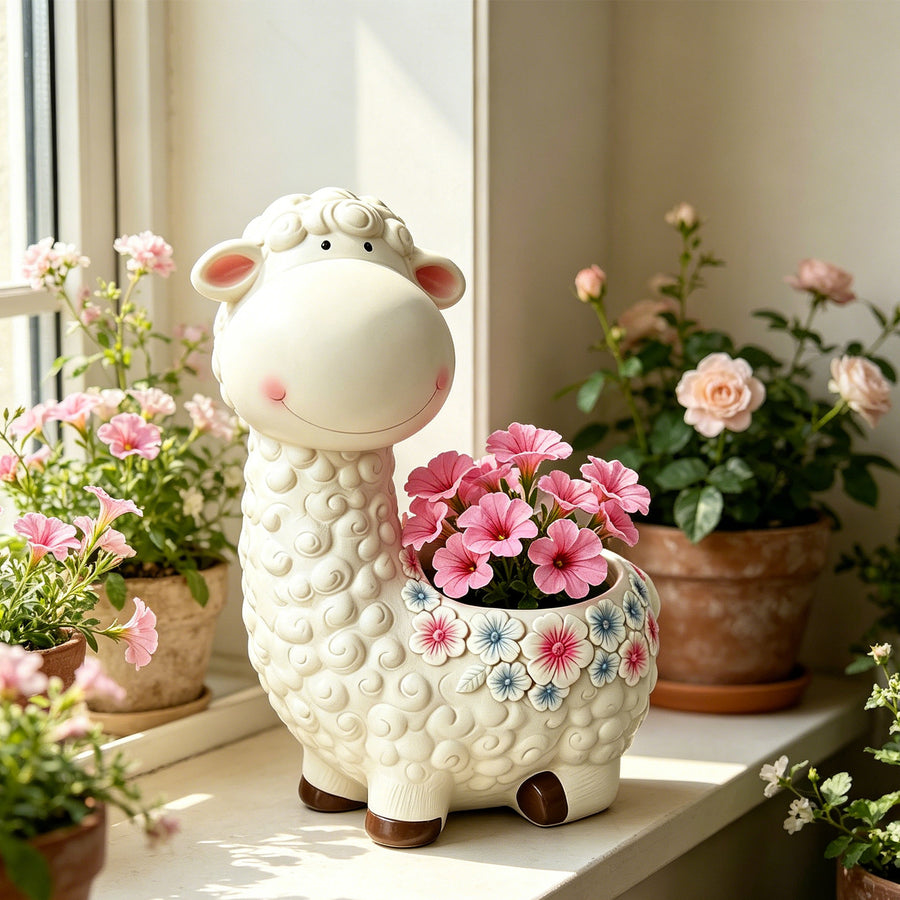 The Little Meadow Sheep Planter — a sheep-shaped planter with sculpted curls, planted with pink flowers