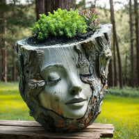 The Sleeping Dryad Planter styled outdoors, planted with succulents