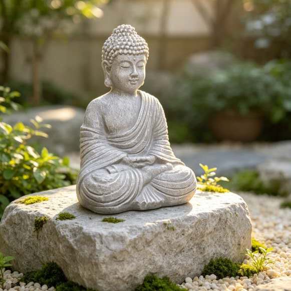The Still Buddha seated on a flat stone among moss, gravel and greenery